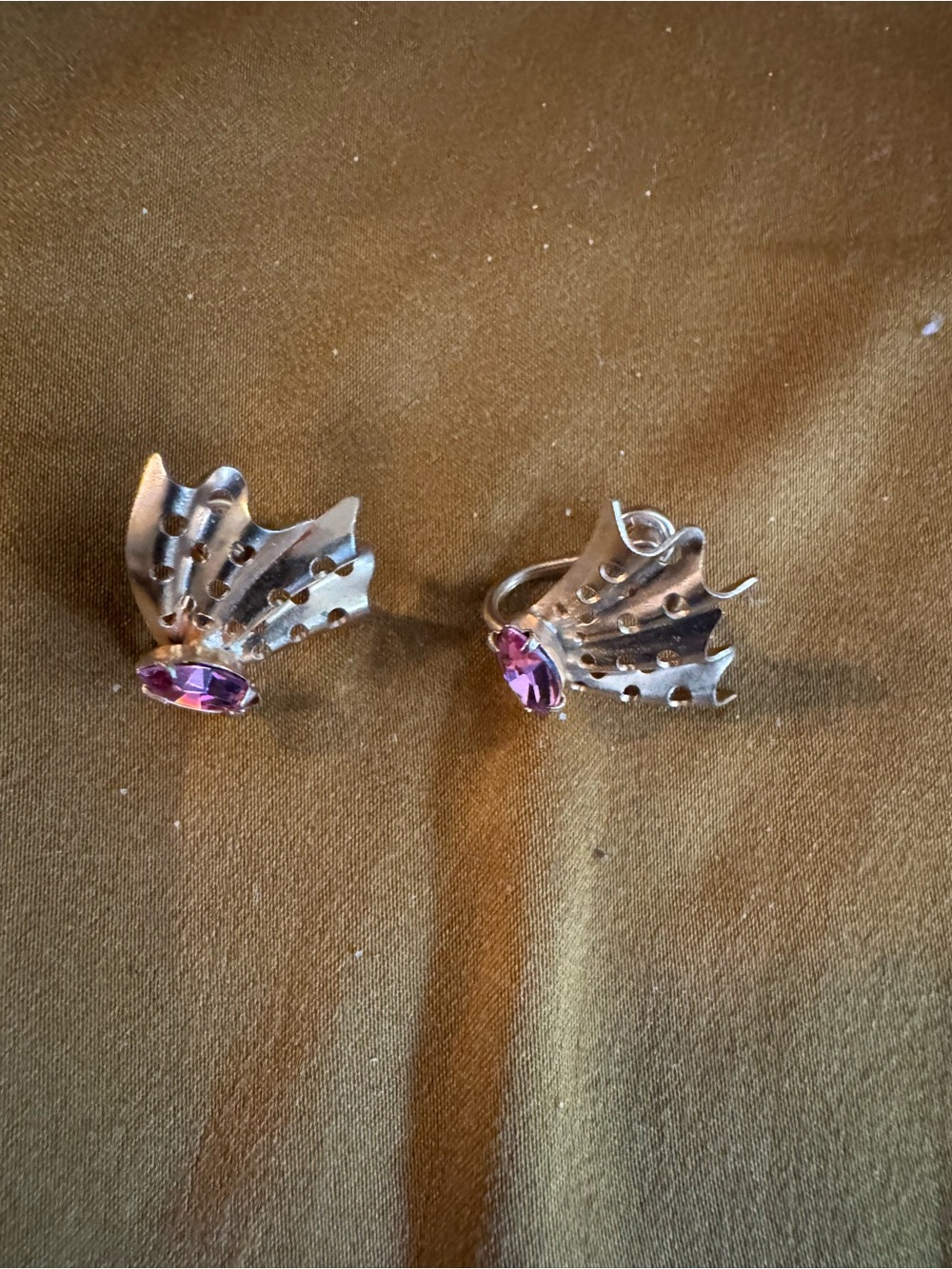 Silver Fan-Shaped Clip-On Earrings with Pink Gemstones